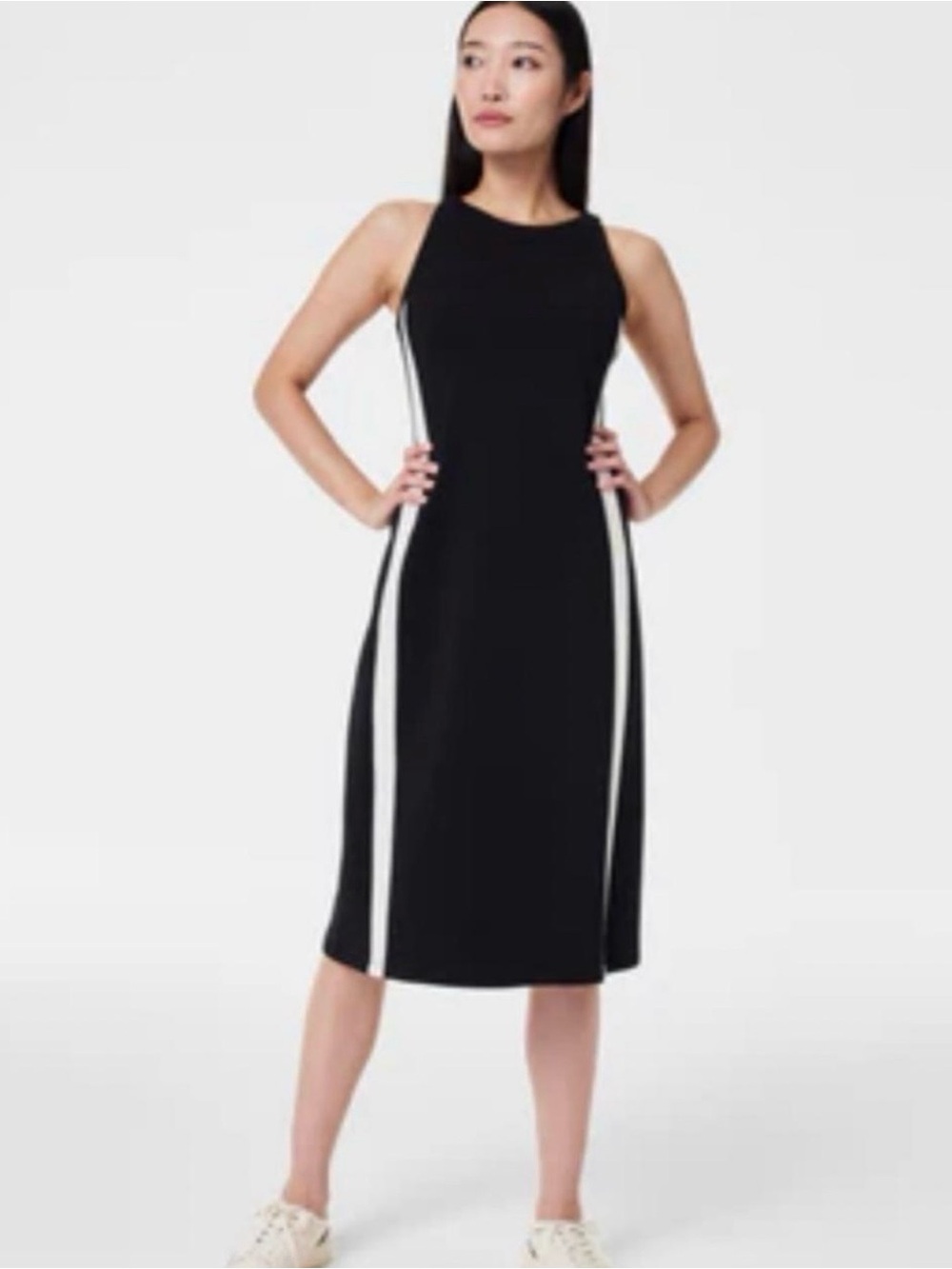 SPANX Black Sleeveless Midi Dress with White Side Panels